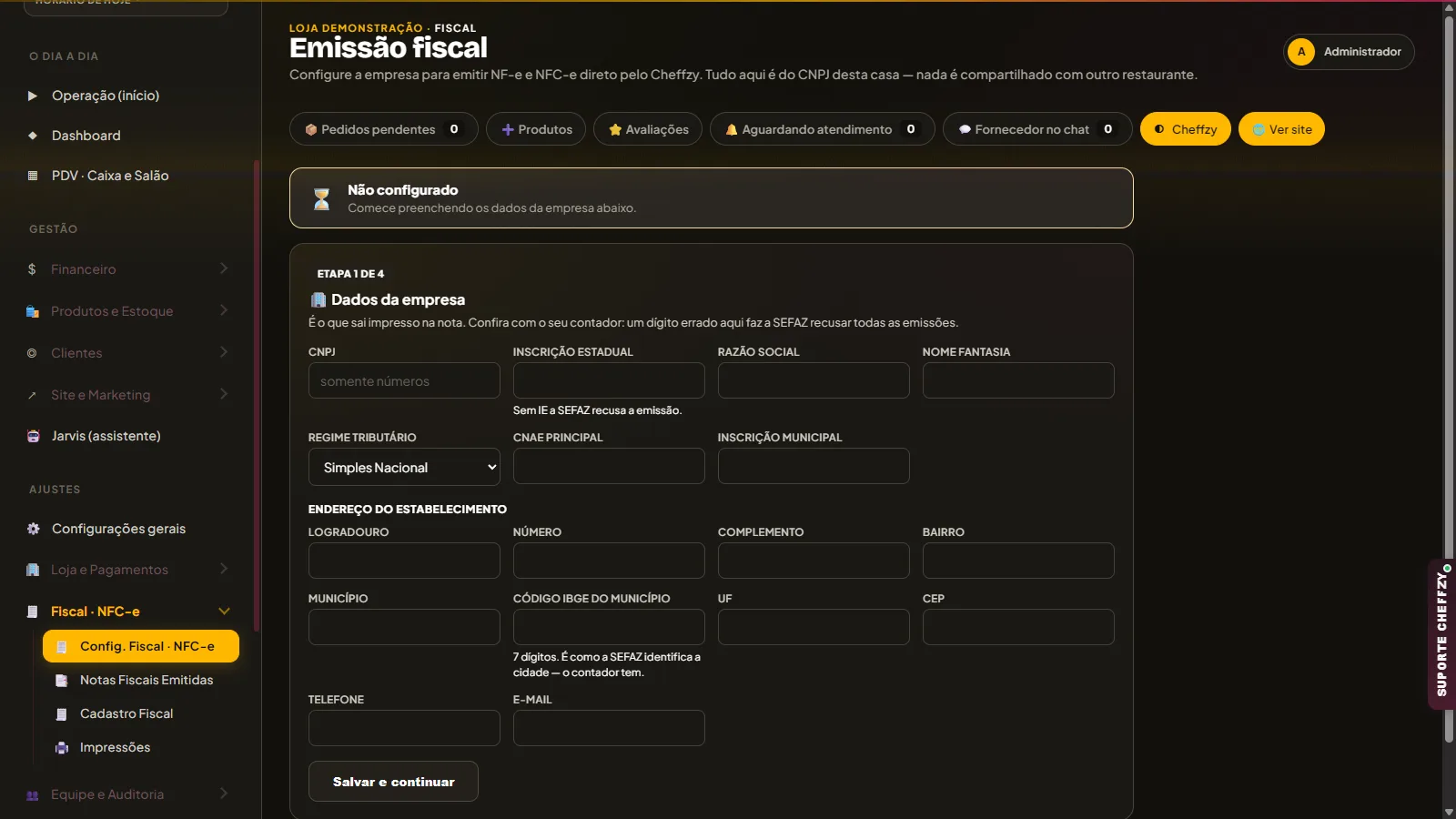 Tela real atual do onboarding fiscal do Cheffzy em tema escuro
