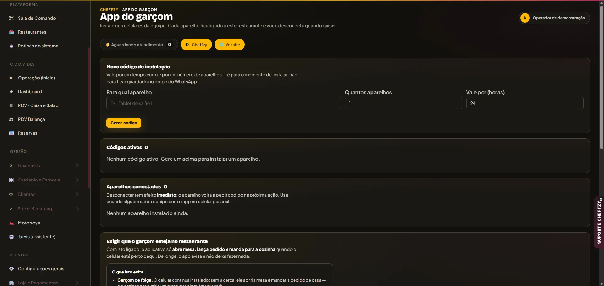 Tela real de instalação, aparelhos e cerca do aplicativo do garçom Cheffzy