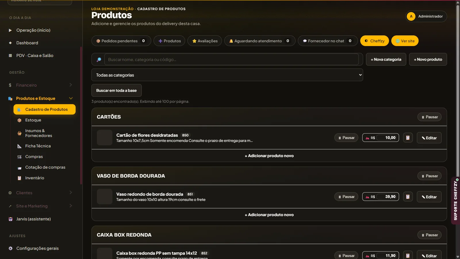 Tela real atual do cadastro de produtos de uma loja no Cheffzy em tema escuro